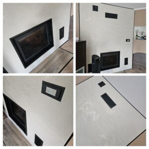 Kominek z płaszczem wodnym Kratki Aquario A18 w zabudowie ze spiekiem Oxide Avorio